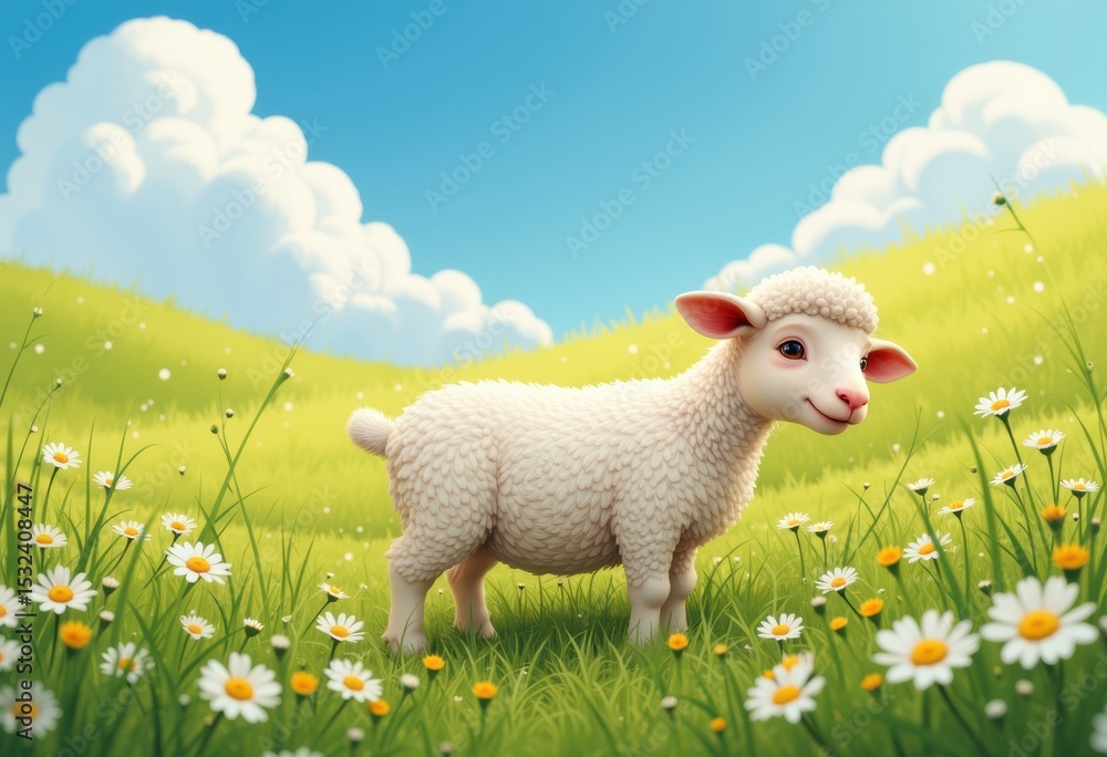 Fototapeta premium Cute cartoon sheep standing in a vibrant meadow with daisies and a bright sky