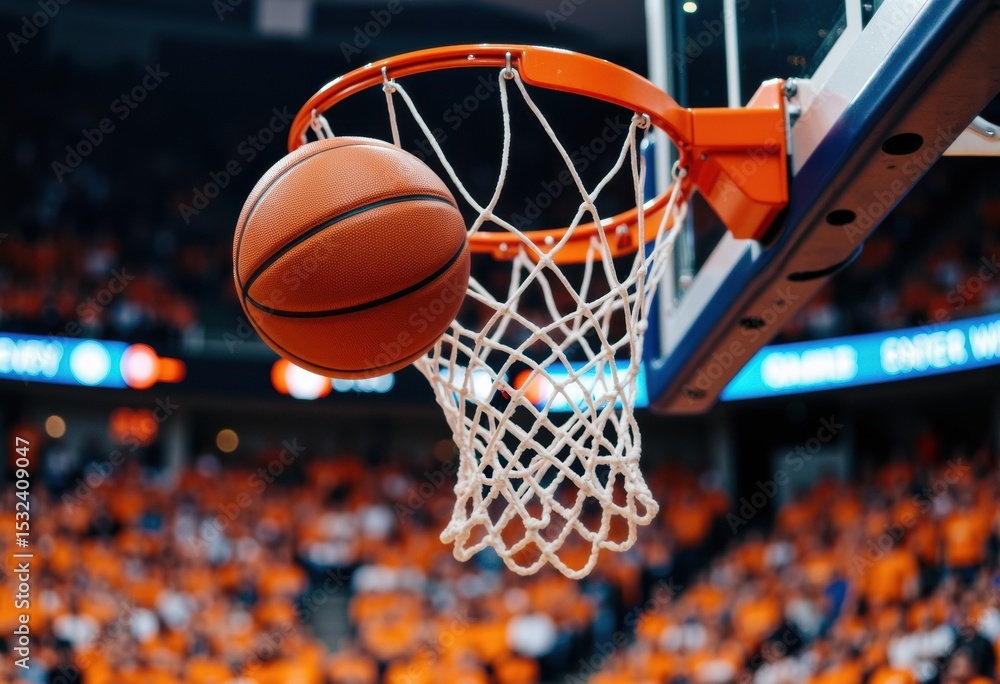 A basketball is about to go through the hoop during a game in a sports arena A basketball is about to go through the hoop during a game in a sports arena