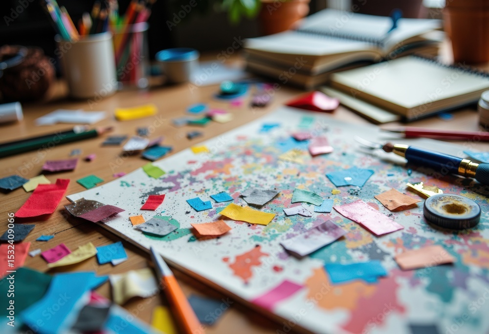 Fototapeta premium Creative workspace with colorful paper scraps, notebooks, and art supplies scattered on a wooden table