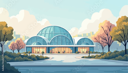 Modern Building with Dome Roof and Glass Facade
