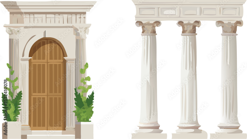 Naklejka premium Greek arch pillar vector set isolated on transparent background. Roman antique architecture frame with stone column, vine. White marble door portal and green ivy plant