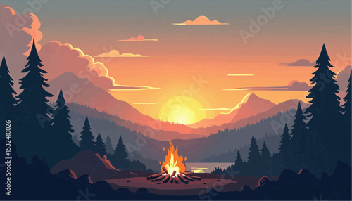 Campfire at Sunset in Mountain Landscape