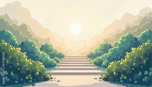 Staircase to Sunlight in Lush Green Landscape