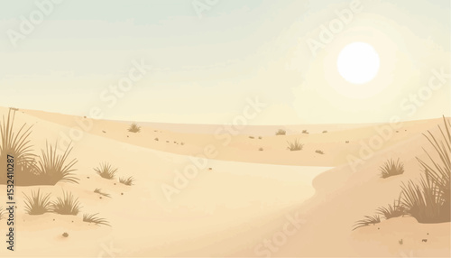 Desert landscape with sand dune and sun