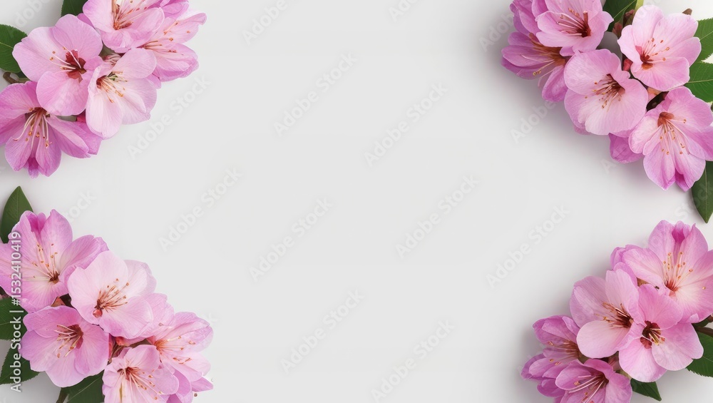 Fototapeta premium Elegant floral frame with pink azalea blossoms and lush green leaves, perfect for adding a touch of spring to your designs with ample text space.