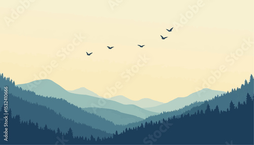 Mountain landscape with birds