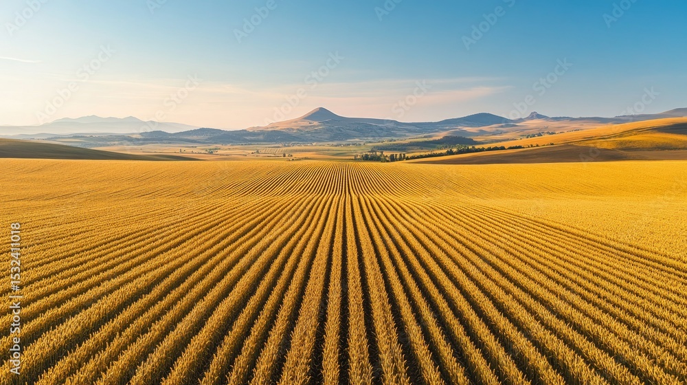 Obraz premium Golden Fields Under Sunny Sky with Majestic Mountains in the Background Showcasing Lush Agricultural Landscape and Expansive Horizon at Dusk