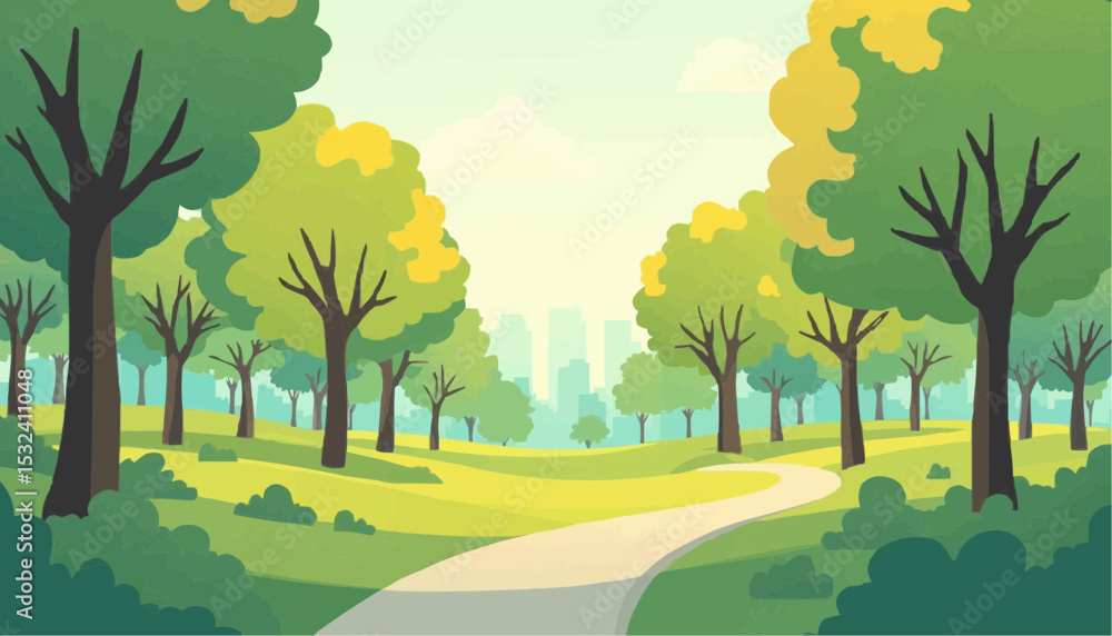 Fototapeta premium Park Landscape with Path and City Skyline