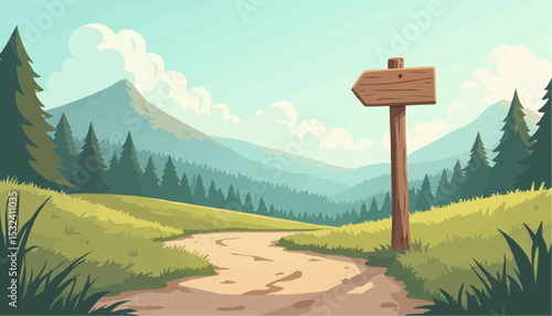 Mountain path landscape with trail and wooden sign