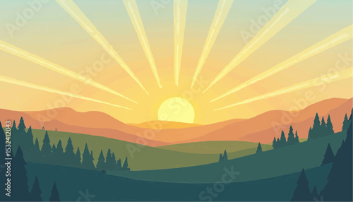 Landscape with Sunrise over Mountains and Trees