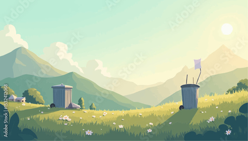 Trash Cans in Landscape Cartoon