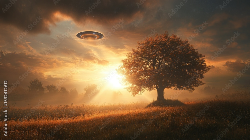 Fototapeta premium Majestic Sunset Over a Fields with an Enigmatic UFO Hovering Above a Solitary Tree Surrounded by Lush Greenery and Misty Atmosphere