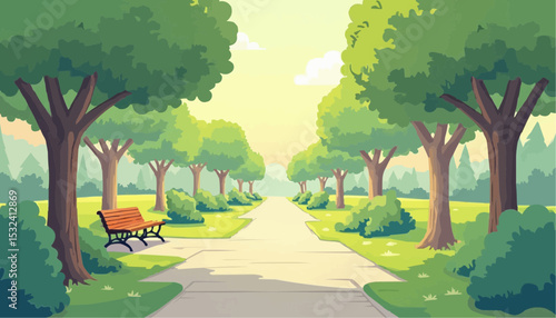 Park With Bench, Trees, and Pathway