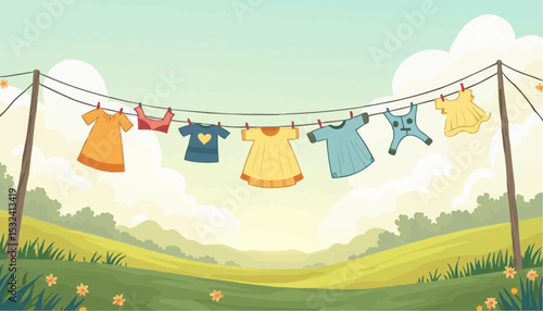 Cartoon Clothesline with Hanging Clothes in Field