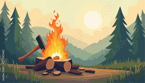 Campfire with Axe in Forest Landscape Illustration