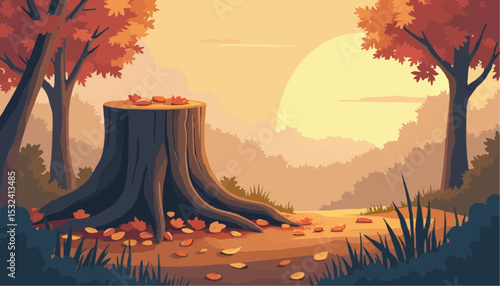 Tree Stump With Fall Leaves Scenery