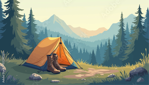 Camping Tent with Boots in Forest