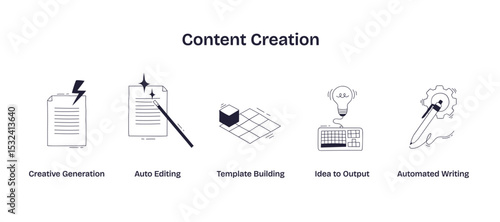 Content creation involves creative generation, auto editing, and automated writing, illustrated with paper, magic wand, and gear, transparent background. Doodle style icons