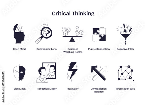 Critical thinking is illustrated with icons like an open mind, questioning lens, and puzzle connection, showing analysis, logic, and reflection, transparent background.