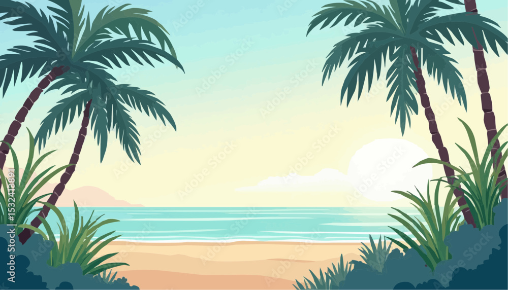Tropical beach scenery with palm trees, sand, and ocean Tropical beach scenery with palm trees, sand, and ocean