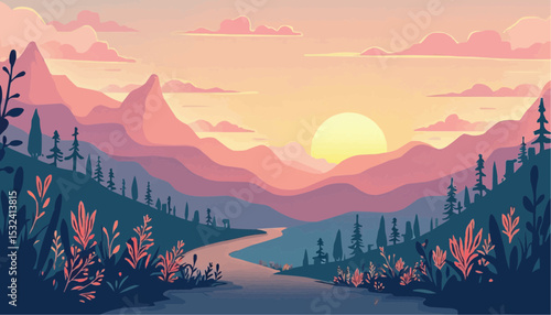 Mountain Landscape with Rising Sun