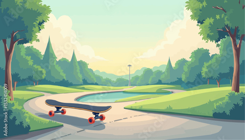 Skateboard on Path in Park