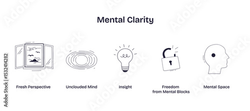 Mental clarity is shown with a window, lightbulb, and open lock, symbolizing insight, open mind, and freedom from mental blocks, transparent background. Doodle style icons