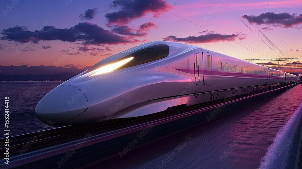 Naklejka premium High-Speed Train Racing Along Tracks at Sunset with Colorful Sky and Dramatic Clouds in the Background