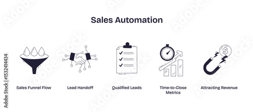 Sales automation is illustrated with a funnel, handshake, and checklist, symbolizing lead flow, handoff, and qualification, transparent background. Doodle style icons