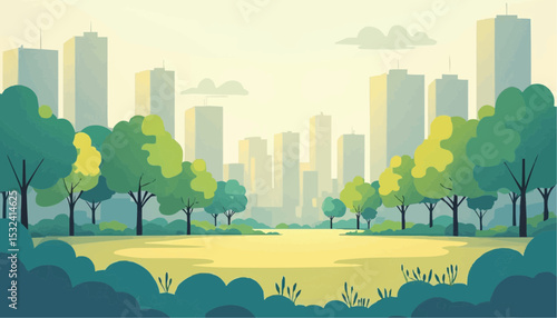 City park with trees and skyscrapers in background