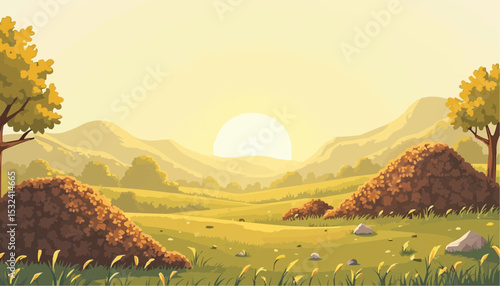 Landscape with rising sun and mountains