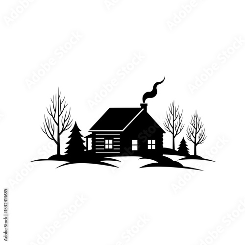 Silhouette of a cabin in the woods with smoke rising