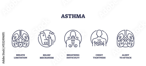 Asthma is illustrated through outline icons showing lungs, inhaler, and chest tightness, conveying symptoms and management, transparent background. Outline icons set