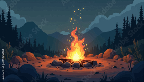 Campfire Illustration in Forest at Night
