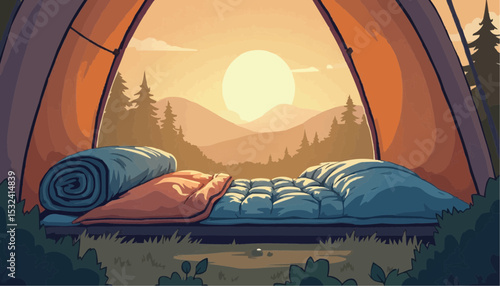 Camping Tent with Bedding and Forest View