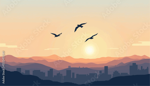Birds flying over city landscape at sunset
