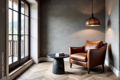 Masculine living room design with dark grey wall, large window, brown leather armchair, black marble side table. Concept of masculine living room design focuses on textures, lighting, interior.