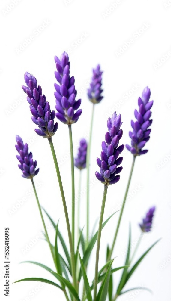 Fototapeta premium Several lavender sprigs, showcasing buds and blossoms, against a stark white backdrop , sprig, macro