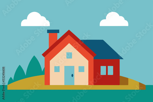 Charming Suburban House Illustration Cozy Home Design in a Peaceful Landscape