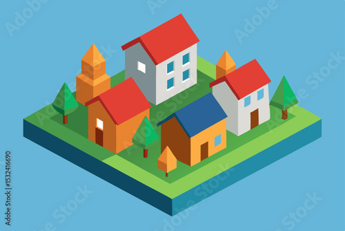 Charming Isometric Village Illustration Houses, Churches, and Trees
