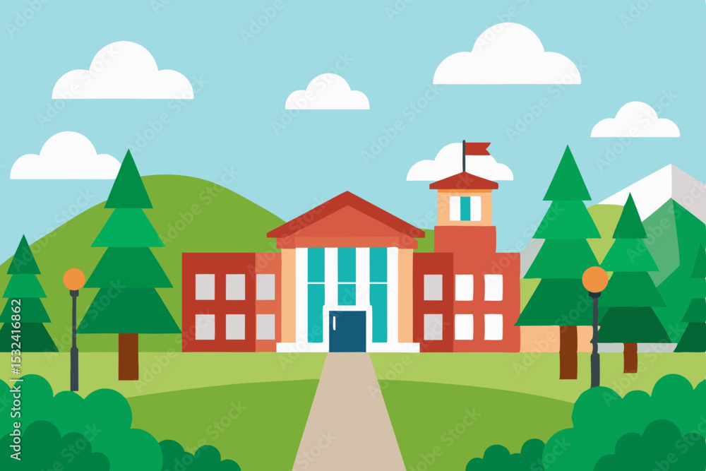 Fototapeta premium Serene Campus Picturesque College Building Amidst Nature's Embrace