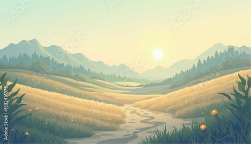 Landscape with Field, River, and Mountains in Warm Light