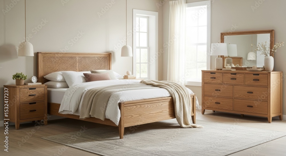 Fototapeta premium Modern Oak Bedroom Furniture Set Elegant Design for a Tranquil Space