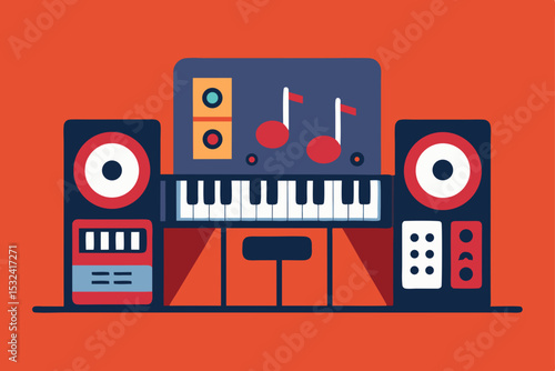 Electronic Music Studio Setup Keyboard, Speakers, and Mixer for Creative Sound Production