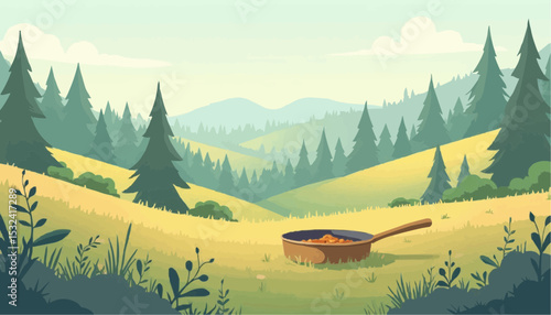 Frying Pan in Forest Landscape Cartoon