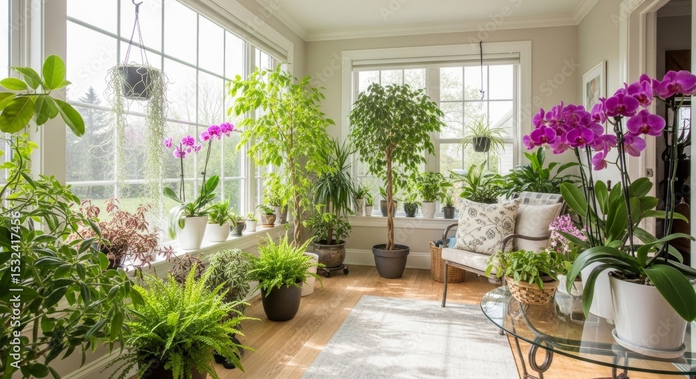 Fototapeta premium Sunlit Indoor Garden Room Filled with Lush Greenery and Blooming Orchids