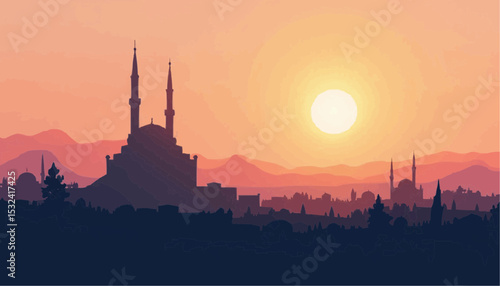 Mosque Silhouette at Sunset Landscape