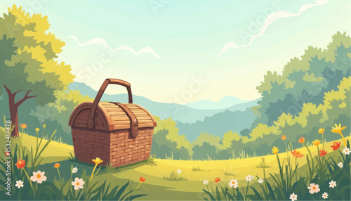 Picnic basket in field under sky