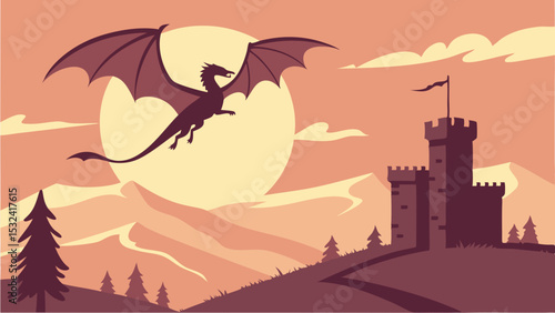Silhouette of a dragon flying over a castle with a sunset background and mountains in the distance