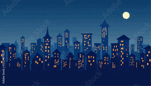 Cityscape at Night with Moon and Glowing Windows